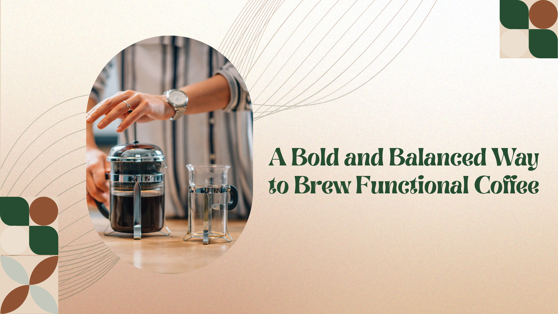 French Press brewing NeoBean coffee with steam rising, surrounded by Cerebro Blend, Black Label, and Single-Origin bags on a kitchen counter