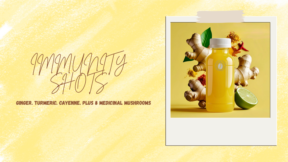 NeoBean Immunity Shots – cold-pressed juice blend with ginger, turmeric, cayenne, and 8 functional mushrooms to support immunity, energy, and resilience.