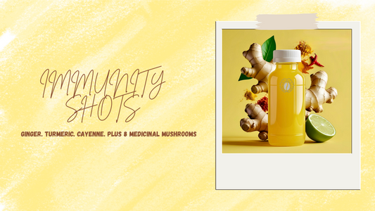 NeoBean Immunity Shots – cold-pressed juice blend with ginger, turmeric, cayenne, and 8 functional mushrooms to support immunity, energy, and resilience.