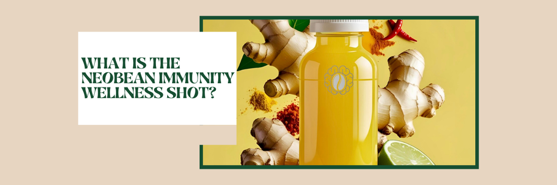 NeoBean Immunity Shot bottle with ginger, turmeric, and mushroom blend ingredients on a clean wood surface.