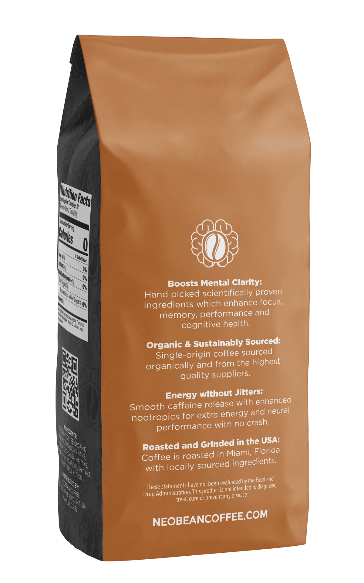 Back of a black label cerebro blend coffee bag that boosts mental clarity. 