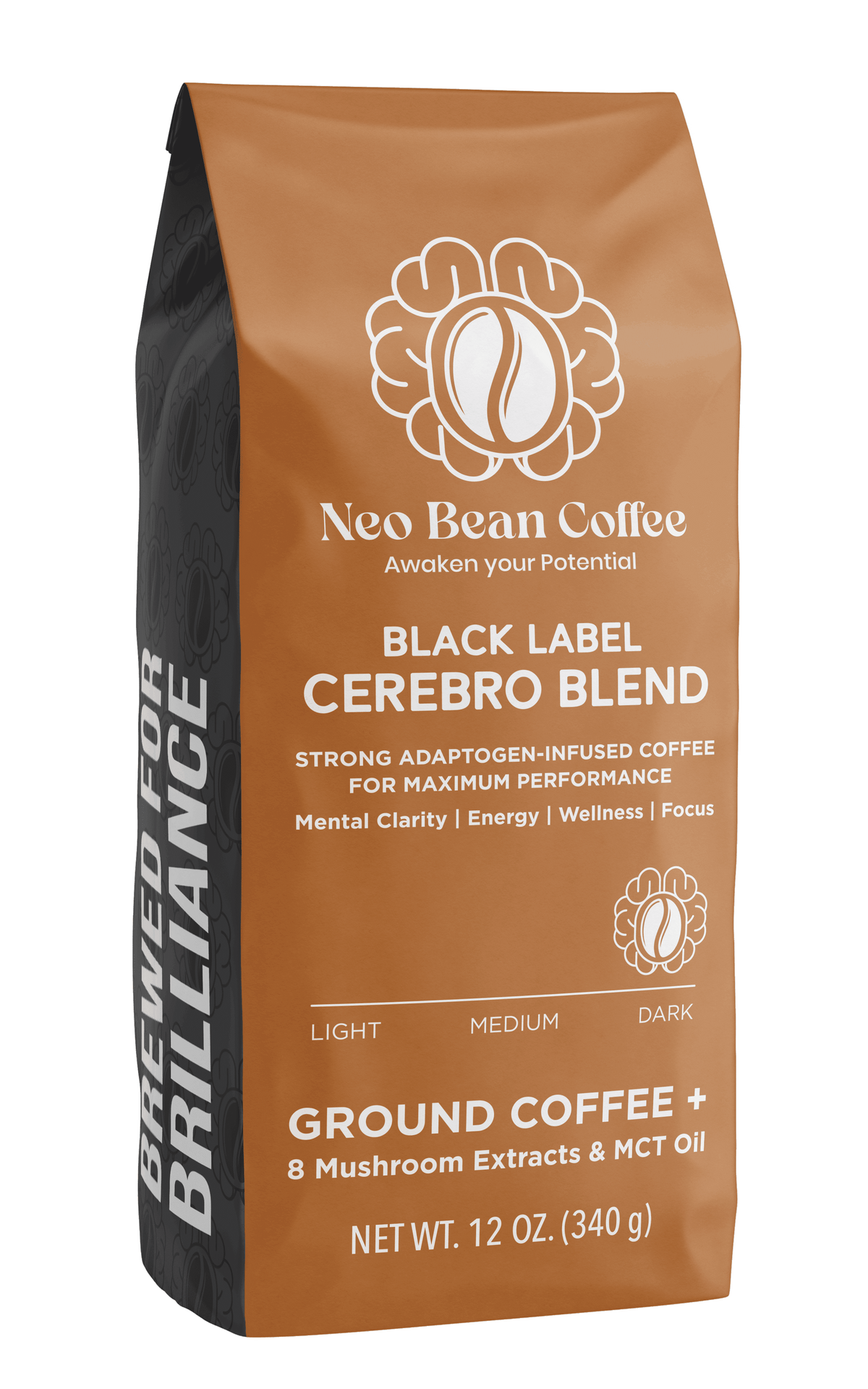 Black label cerebro blend bag of coffee with 8 adaptogens and mct oil for focus, performance, and memory. 