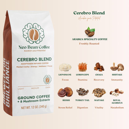 Muhsroom Coffee ingredients in Cerebro Blend include lionsmane, cordyceps, chaga, reishi, turkey tail, maitake, royal agaricus. 