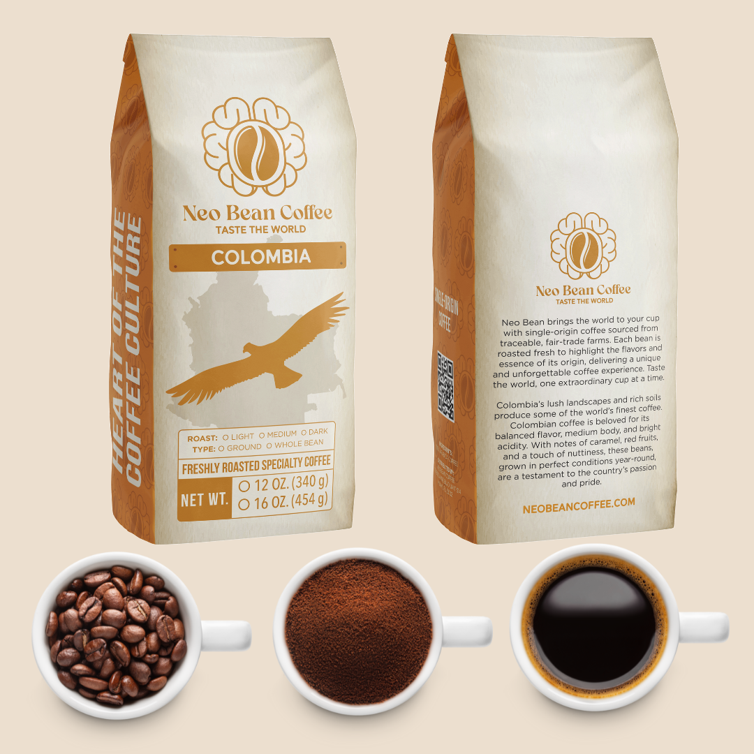 Neo Bean Coffee Colombia single-origin coffee bag with golden eagle design, representing Colombian coffee culture and rich flavors.