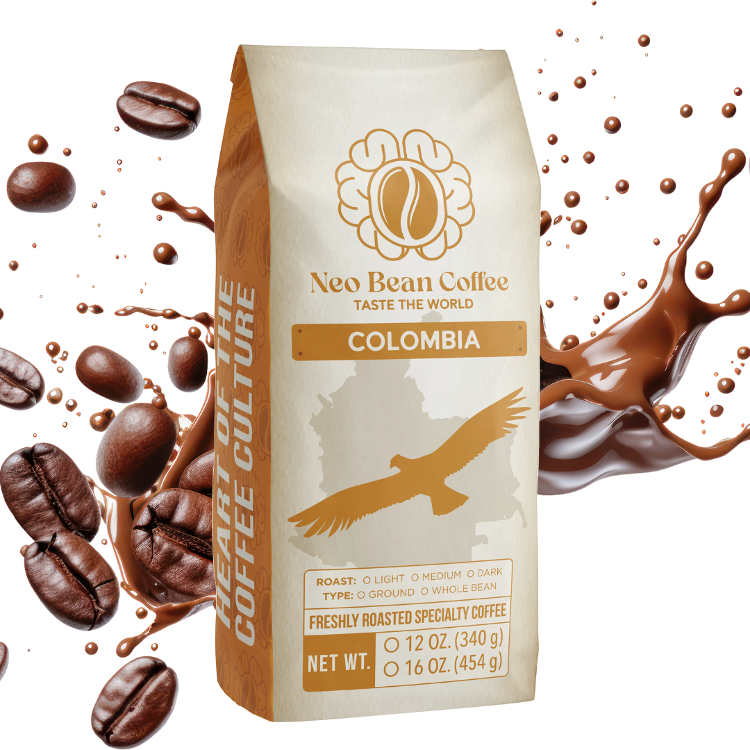 Close-up of freshly roasted Colombian coffee beans, showcasing rich brown hues and glossy texture, ideal for brewing a bold cup.