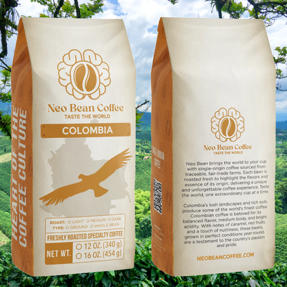Scenic view of a lush Colombian coffee farm with green coffee plants growing in the mountains, representing single-origin specialty coffee.