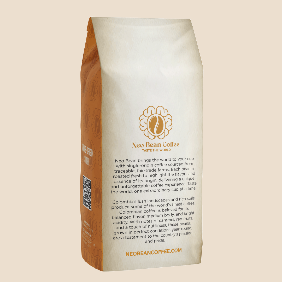 Neo Bean Coffee's Colombia blend in eco-friendly packaging, emphasizing fair-trade and freshly roasted specialty coffee.
