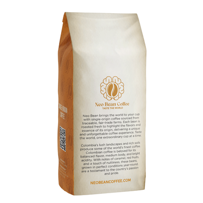 Neo Bean Coffee Colombia blend bag, featuring branding, origin details, and notes of caramel, red fruits, and nuttiness.