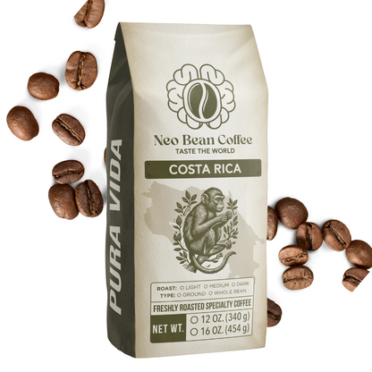 Close-up of freshly roasted Costa Rican coffee beans, showcasing their deep brown hue and smooth texture, ideal for a bright and balanced brew.