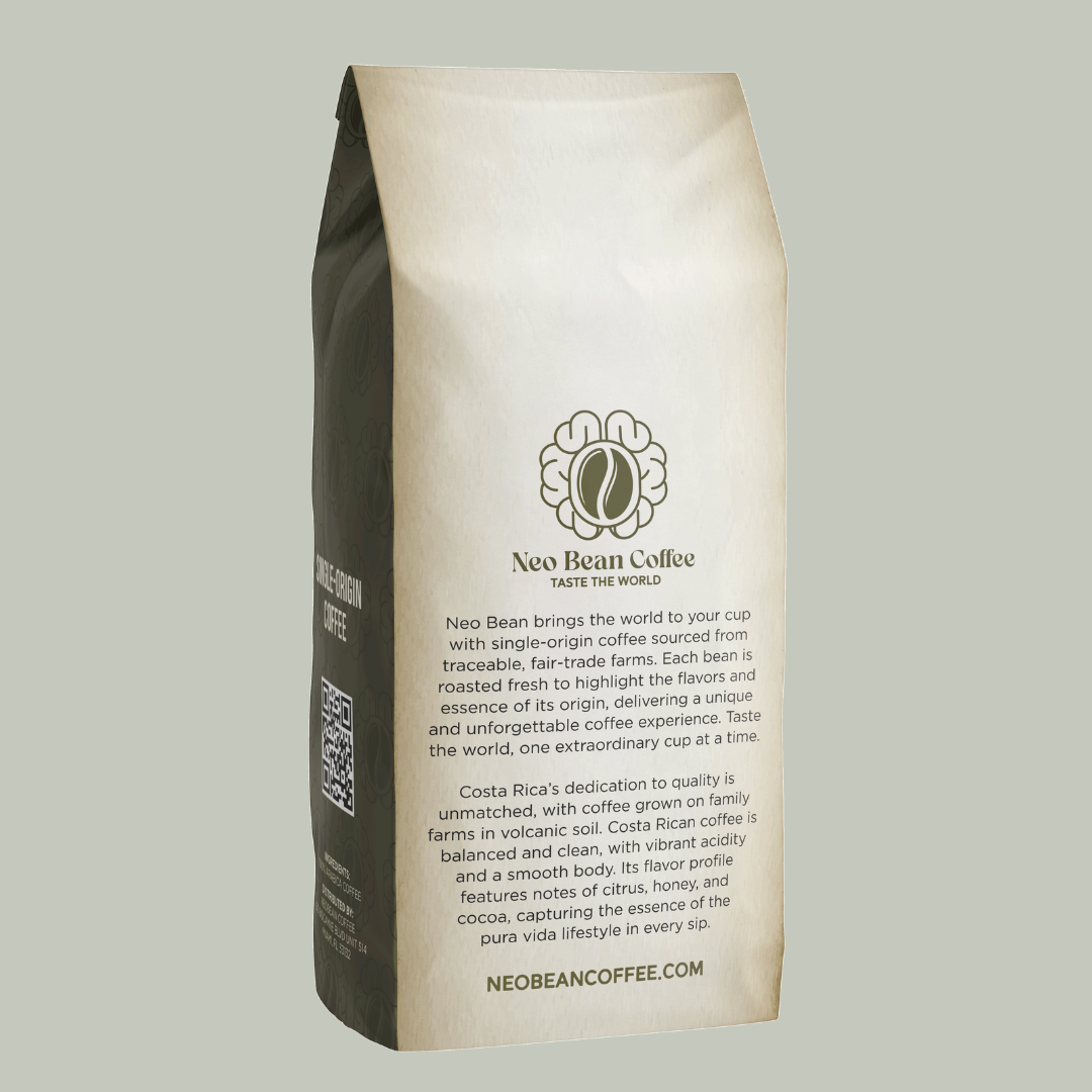 Neo Bean Coffee Costa Rica blend bag, showcasing branding, origin details, and tasting notes of vibrant acidity and smooth body.