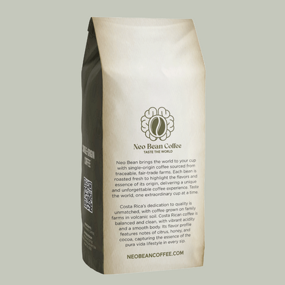 Neo Bean Coffee Costa Rica blend bag, showcasing branding, origin details, and tasting notes of vibrant acidity and smooth body.