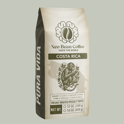 Neo Bean Coffee’s Costa Rica blend in sustainable packaging, emphasizing fair-trade sourcing and freshly roasted specialty coffee.