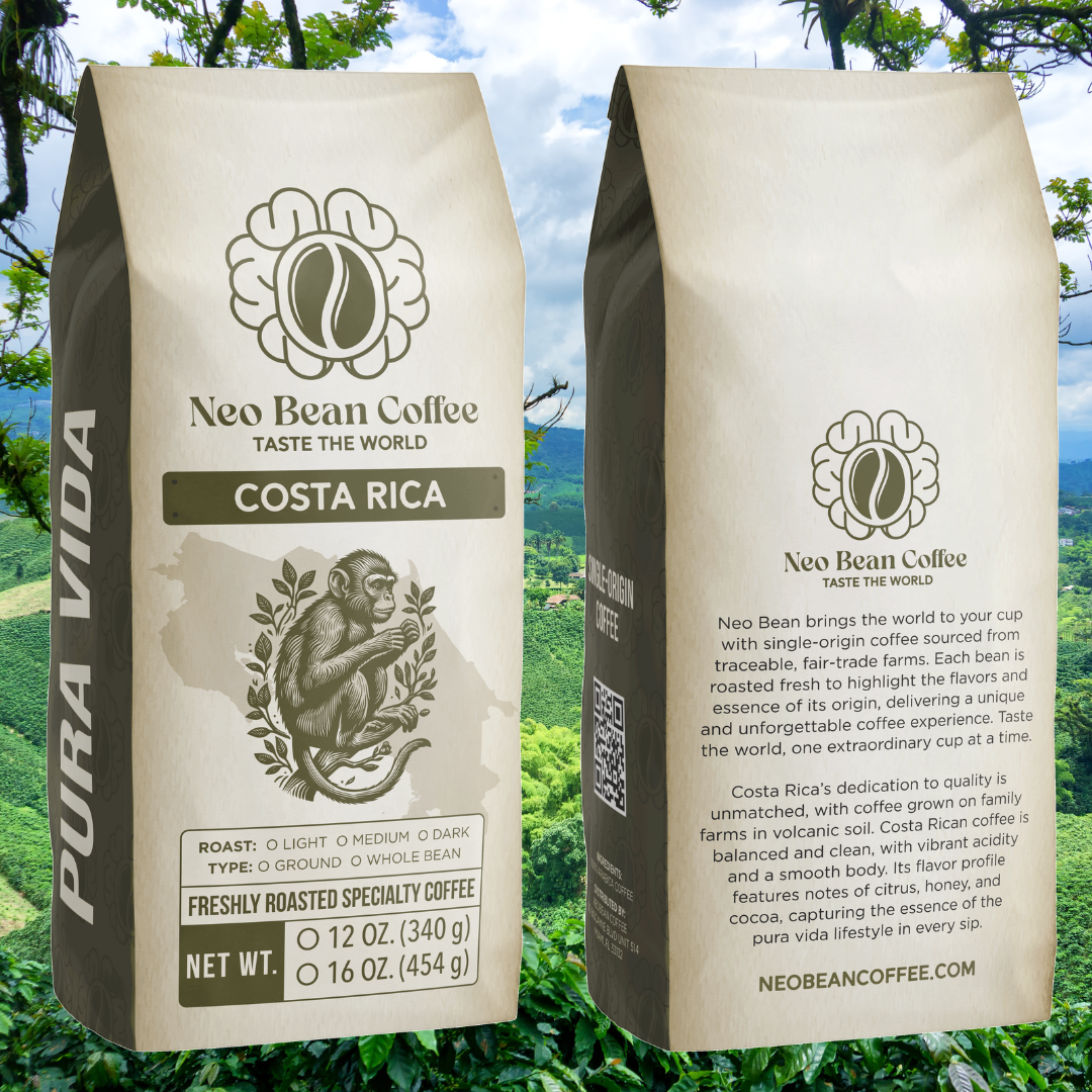 Scenic Costa Rican coffee farm with high-altitude coffee plants growing in nutrient-rich volcanic soil, producing world-renowned specialty coffee.