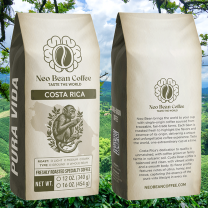 Scenic Costa Rican coffee farm with high-altitude coffee plants growing in nutrient-rich volcanic soil, producing world-renowned specialty coffee.