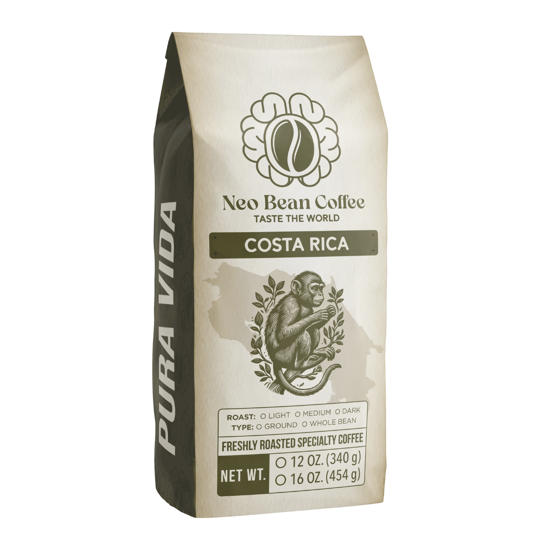 Neo Bean Coffee’s Costa Rica blend in sustainable packaging, emphasizing fair-trade sourcing and freshly roasted specialty coffee.
