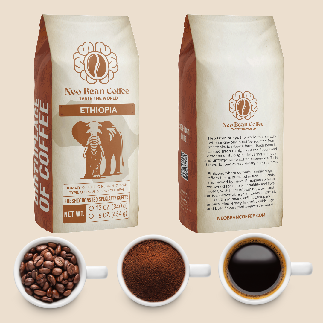 Neo Bean Coffee Ethiopia single-origin coffee bag with an elephant design, representing Ethiopia’s rich coffee heritage and bold flavors.