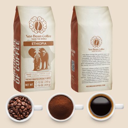 Neo Bean Coffee Ethiopia single-origin coffee bag with an elephant design, representing Ethiopia’s rich coffee heritage and bold flavors.