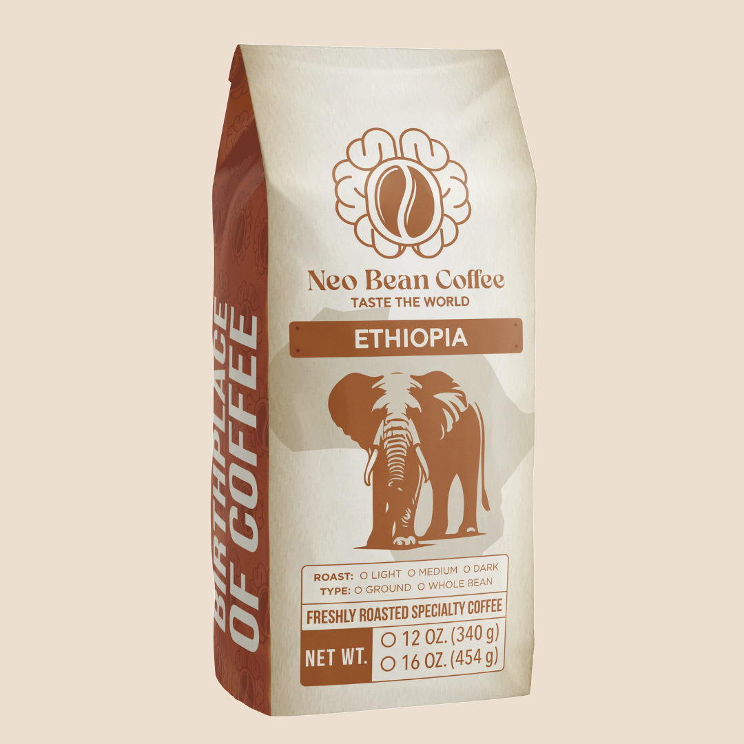 A cup of freshly brewed Ethiopian coffee beside whole beans and ground coffee, illustrating its bright acidity and floral tasting notes