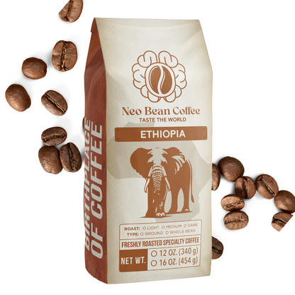 Close-up of freshly roasted Ethiopian coffee beans, showcasing a rich brown hue and distinct texture, perfect for brewing a flavorful cup.