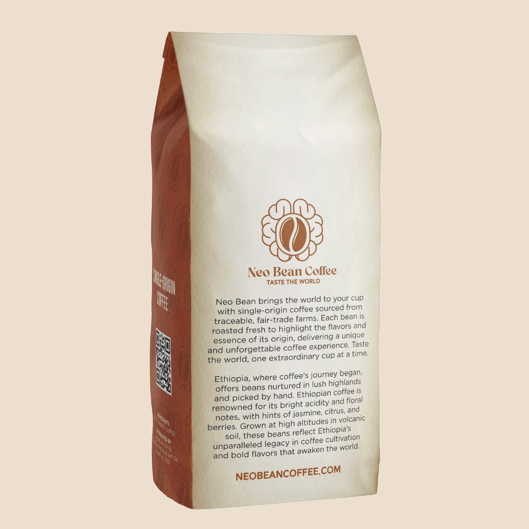 Neo Bean Coffee's Ethiopia blend in eco-friendly packaging, emphasizing fair-trade sourcing and freshly roasted specialty coffee.
