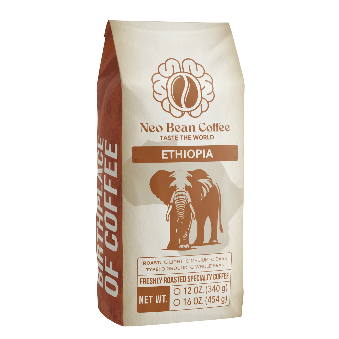 Neo Bean Coffee Ethiopia single-origin specialty coffee, sourced from fair-trade farms and roasted fresh to preserve its complex flavors.