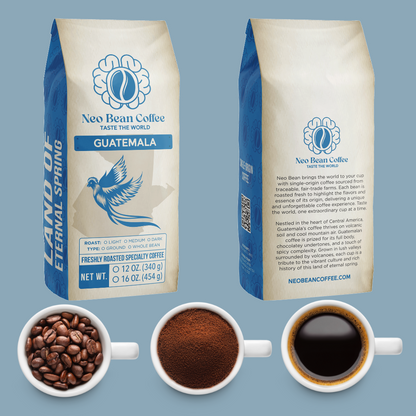 Neo Bean Coffee Guatemala bag featuring a quetzal bird design, whole beans, ground coffee, and brewed coffee.