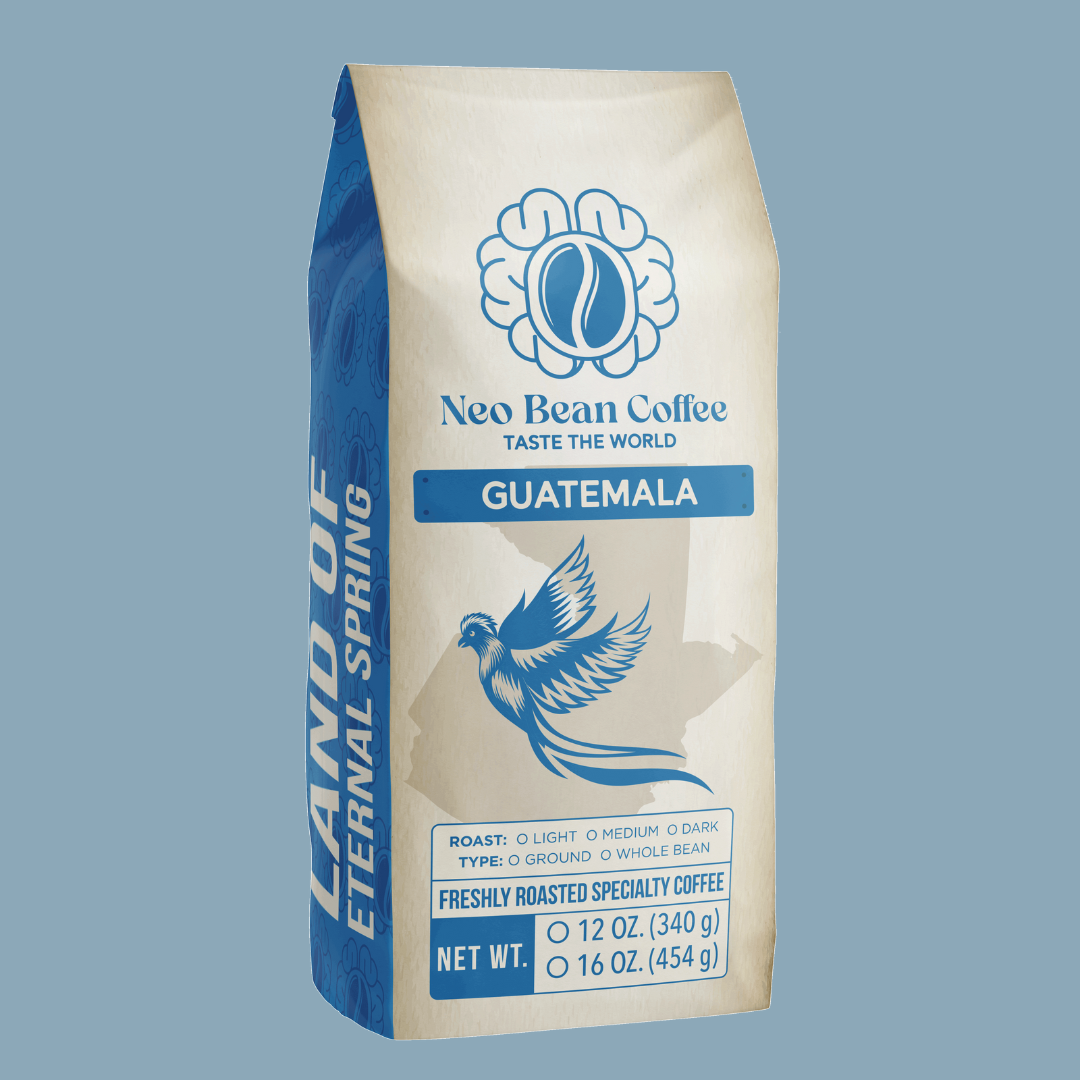 Close-up of the Neo Bean Coffee Guatemala bag with a minimalistic and elegant design.