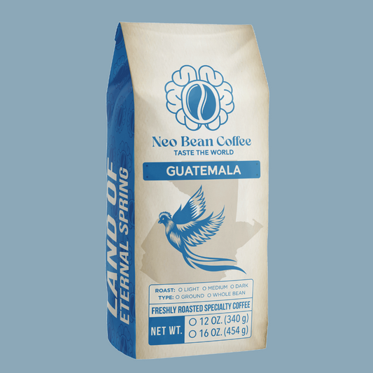 Close-up of the Neo Bean Coffee Guatemala bag with a minimalistic and elegant design.