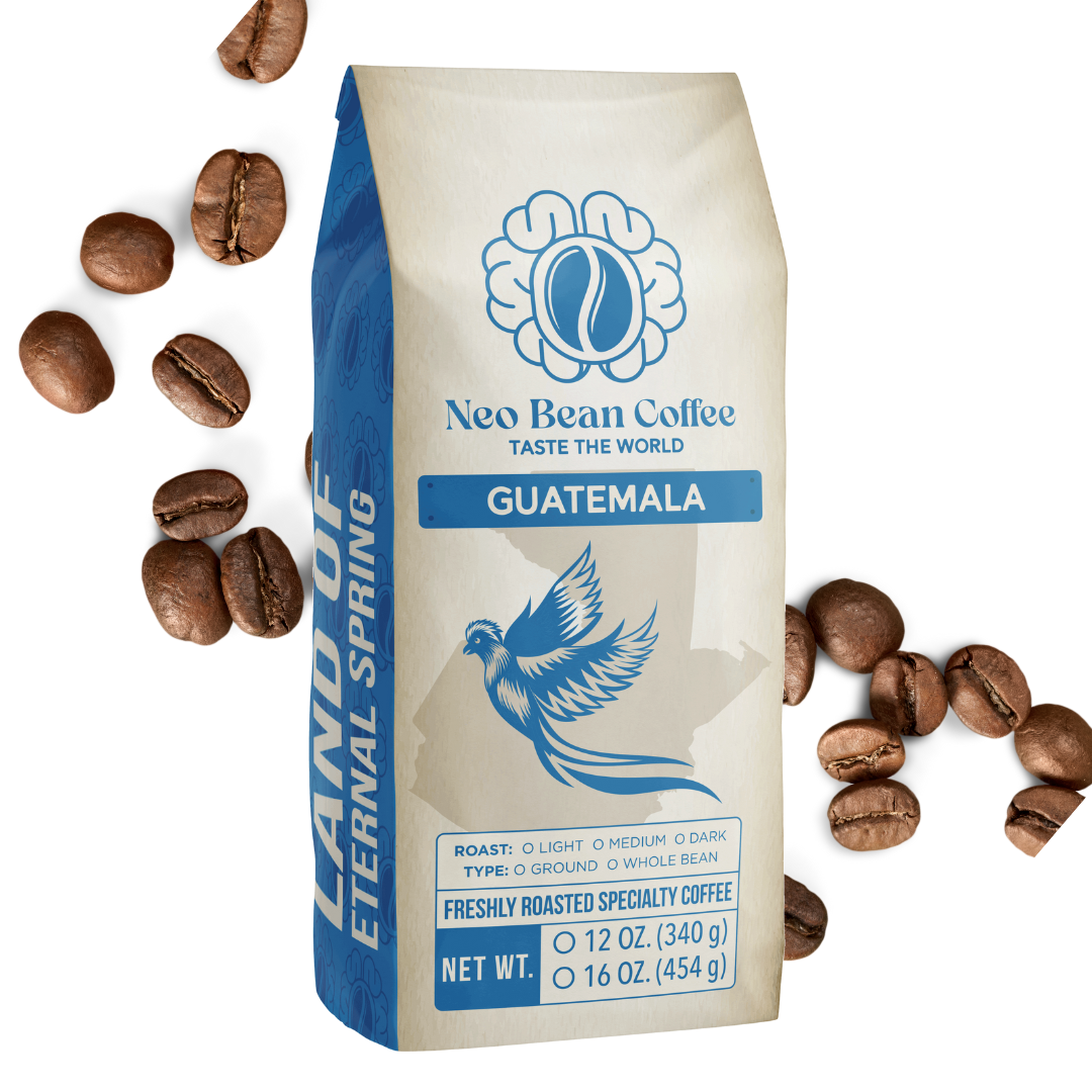 Neo Bean Coffee Guatemala bag with scattered coffee beans, emphasizing its Guatemalan origin.
