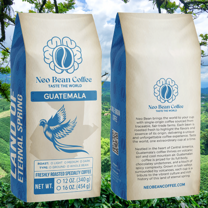 Neo Bean Coffee Guatemala bag set against a lush Guatemalan coffee farm landscape.