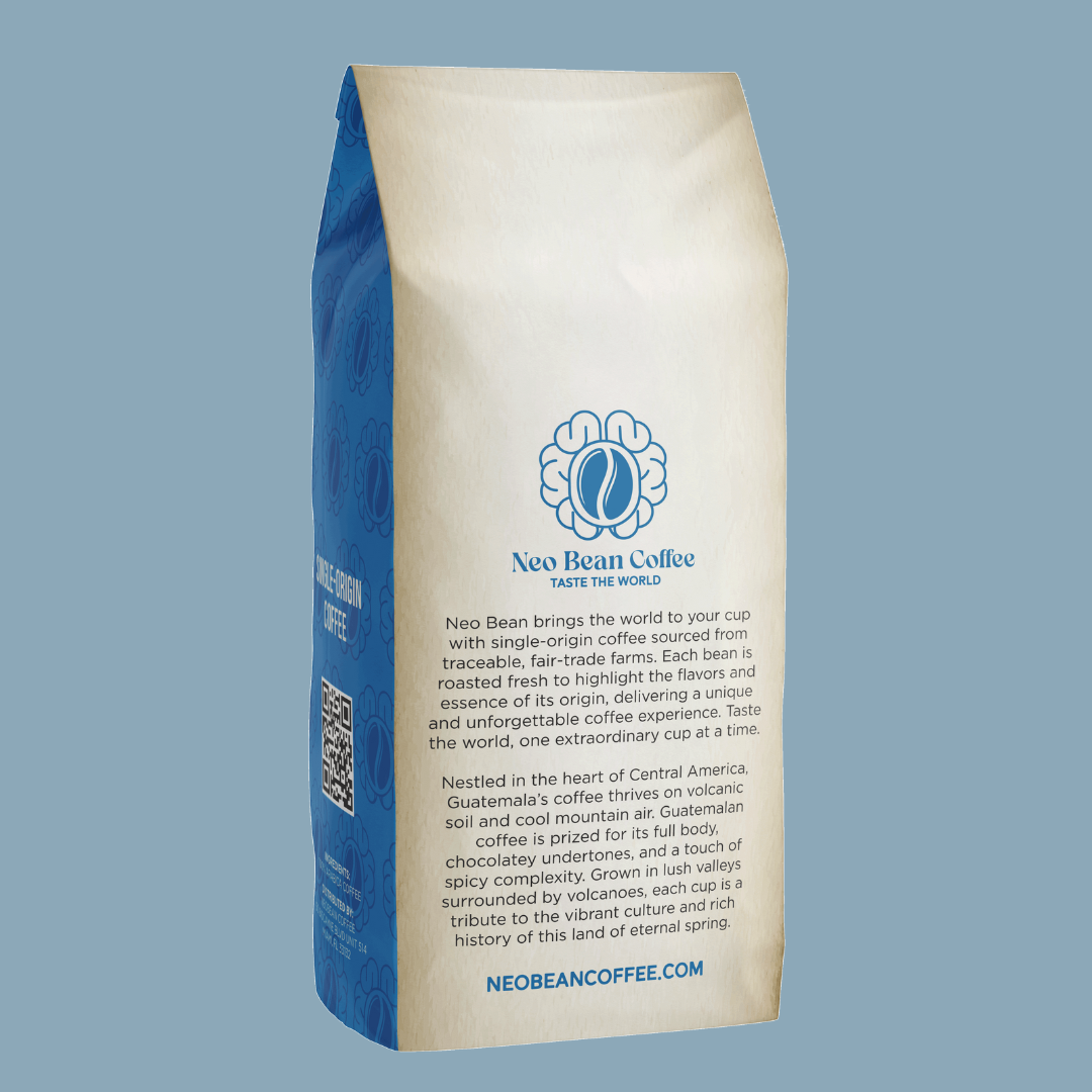 Front and back of the Neo Bean Coffee Guatemala bag, showcasing branding and product details.