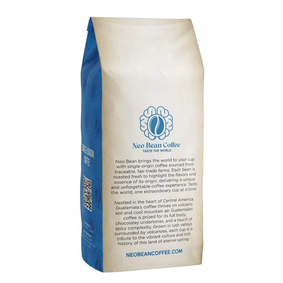Side and back view of the Neo Bean Coffee Guatemala bag with origin details and tasting notes.