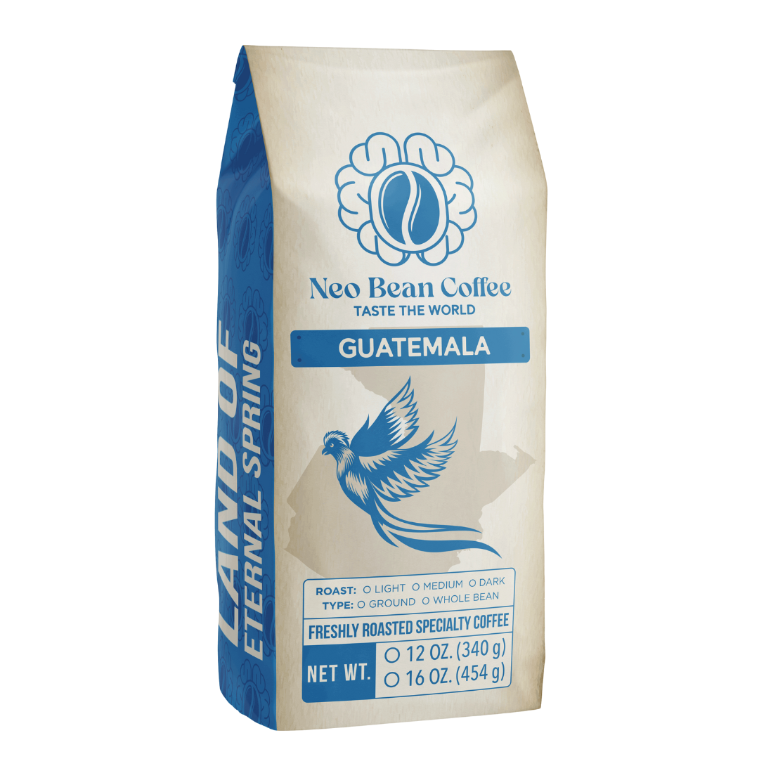Full view of the Neo Bean Coffee Guatemala packaging, highlighting its quetzal bird illustration and blue branding.