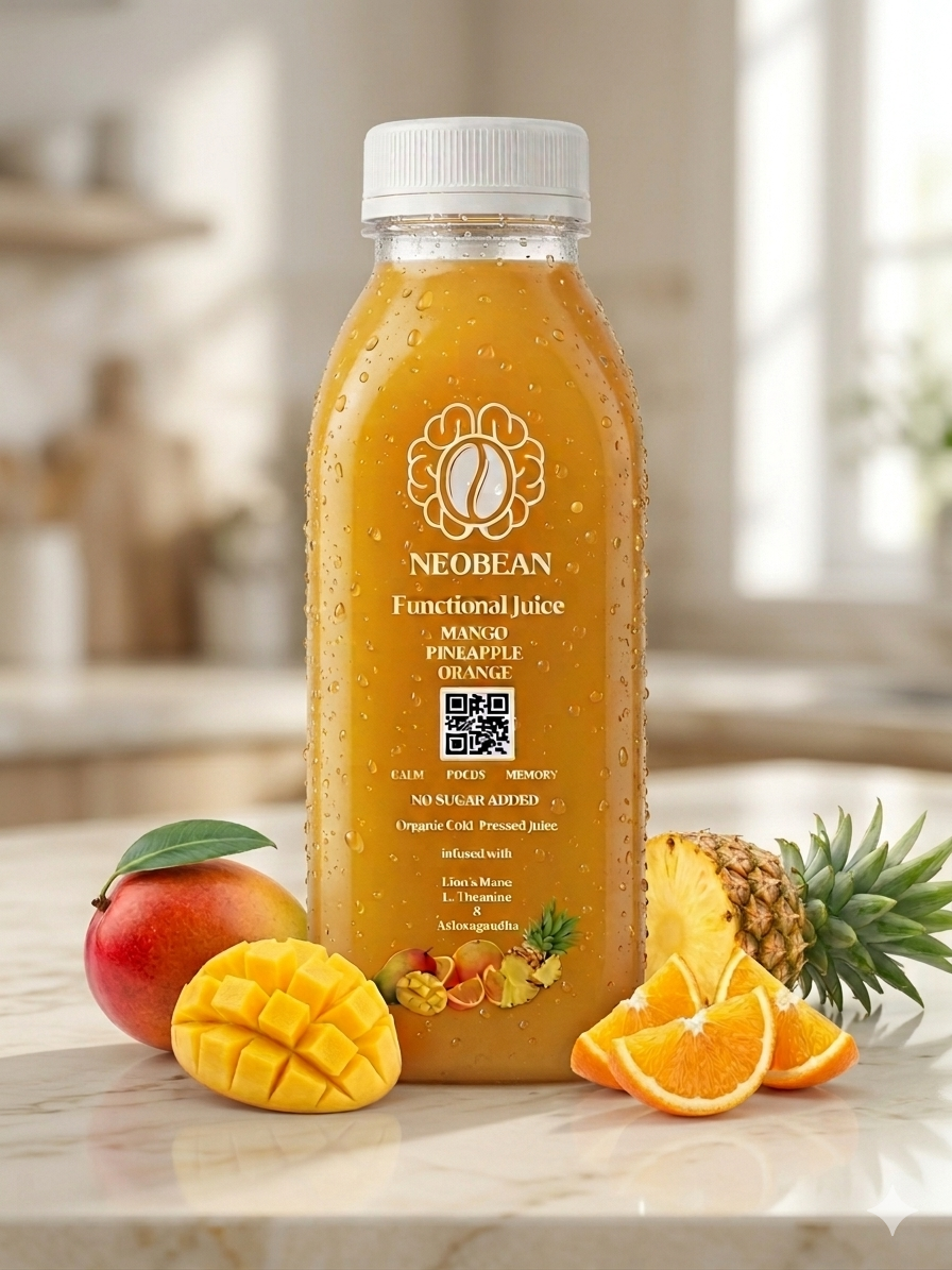 Neobean FLO Organic Cold-Pressed Juice with Lionsmane, L-Theanine & Ashwagandha - MIAMI ONLY 100% Fruit Juice