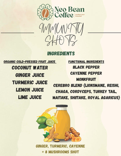 Neobean Immunity + Wellness Shot 2 oz Bottle - MIAMI ONLY -  8 Adaptogen Mushrooms + Ginger + Turmeric