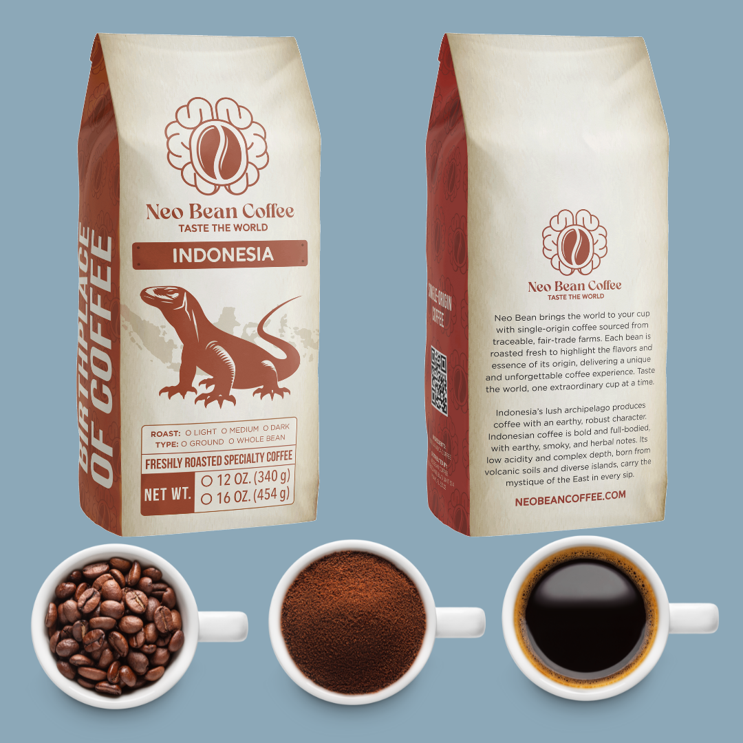 Neo Bean Coffee Indonesia single-origin coffee bag featuring a Komodo dragon design, symbolizing the rich and bold flavors of Indonesian coffee.