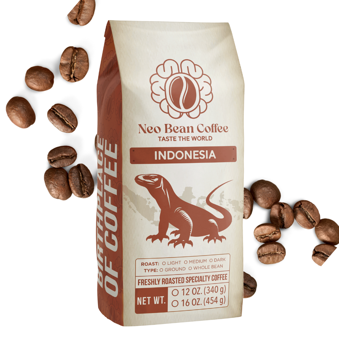 Close-up of freshly roasted Indonesian coffee beans, showcasing their deep brown hue and smooth texture, ideal for a full-bodied, earthy brew.