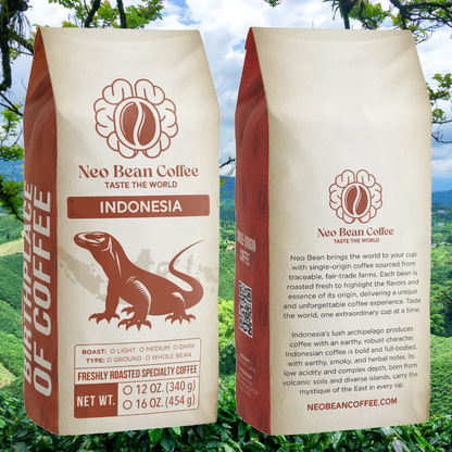 Lush Indonesian coffee farm with coffee plants growing in volcanic soil, producing bold, earthy, and smoky specialty coffee.