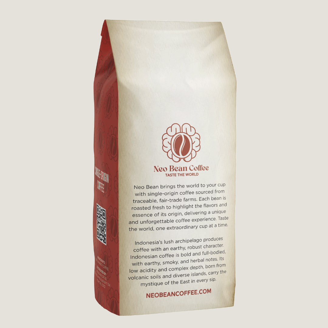 Neo Bean Coffee’s Indonesia blend in sustainable packaging, emphasizing fair-trade sourcing and freshly roasted specialty coffee.