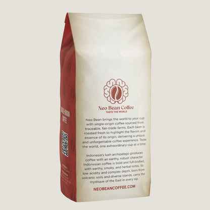 Neo Bean Coffee’s Indonesia blend in sustainable packaging, emphasizing fair-trade sourcing and freshly roasted specialty coffee.