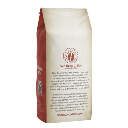 Neo Bean Coffee Indonesia blend bag, showcasing branding, origin details, and tasting notes of earthiness, low acidity, and complex depth.