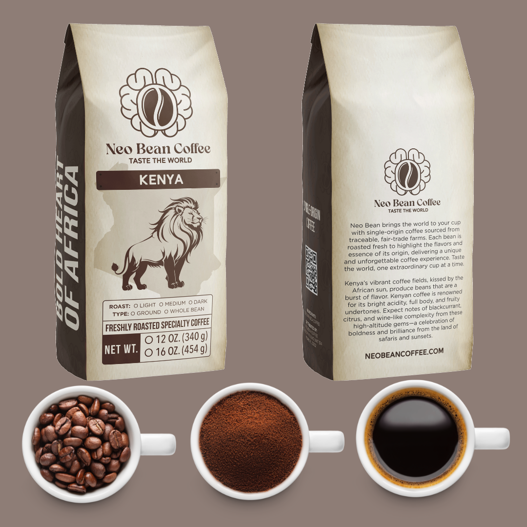 Neo Bean Coffee Kenya single-origin coffee bag featuring a lion design, symbolizing bold flavors and the rich African coffee heritage.