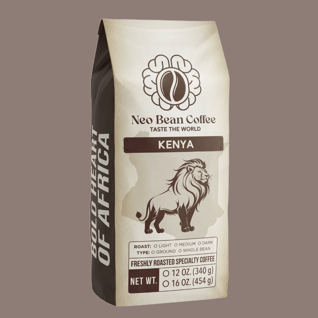A cup of freshly brewed Kenyan coffee next to whole beans and ground coffee, highlighting its bright acidity and wine-like complexity.