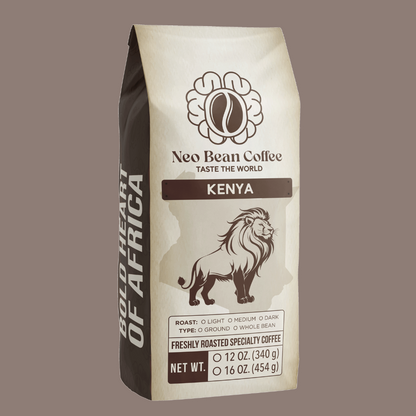 A cup of freshly brewed Kenyan coffee next to whole beans and ground coffee, highlighting its bright acidity and wine-like complexity.