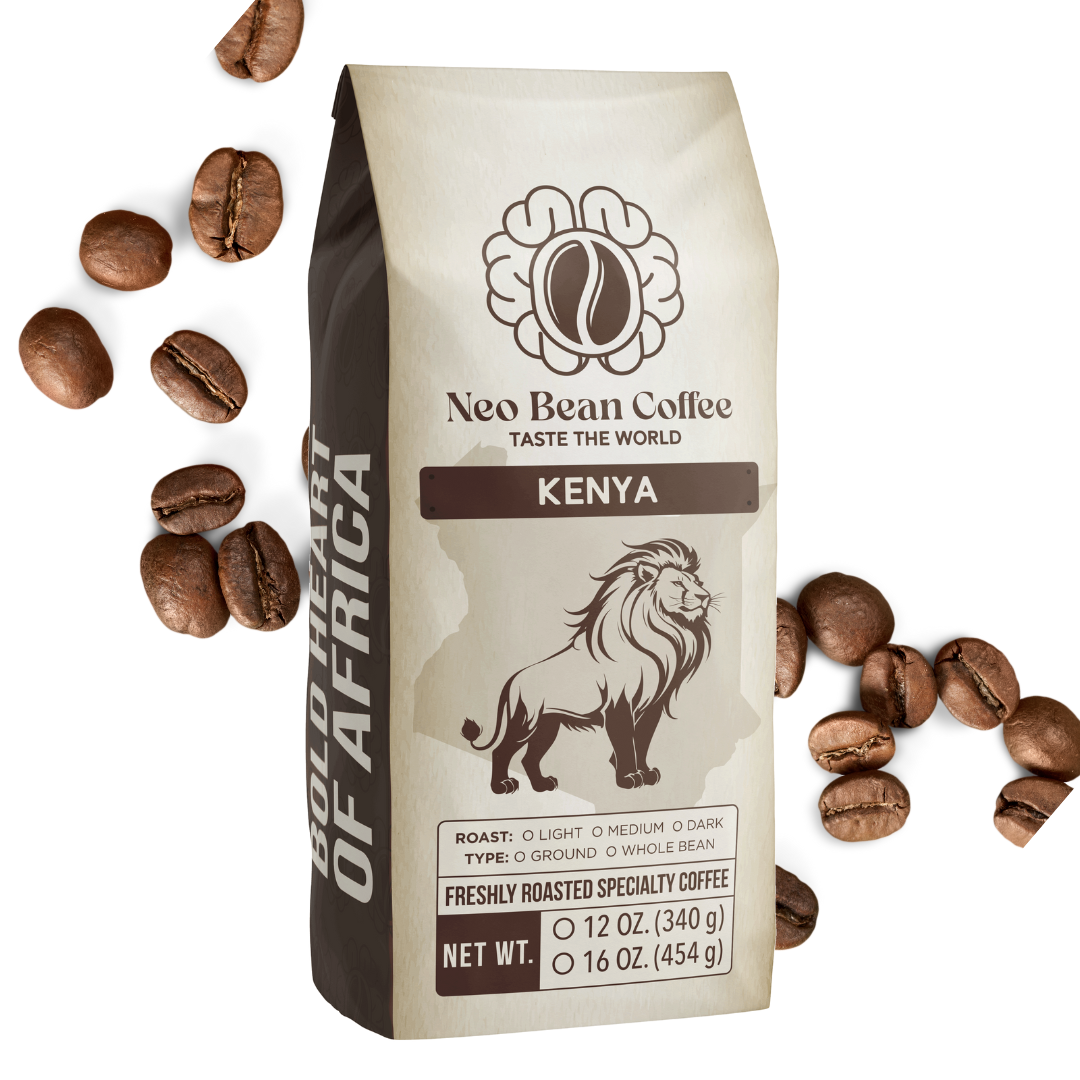 Close-up of freshly roasted Kenyan coffee beans, highlighting their deep brown color and smooth texture, ideal for brewing a vibrant cup.