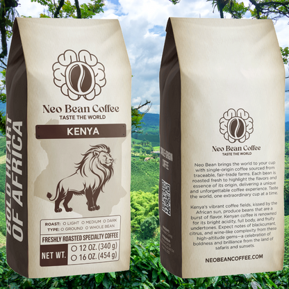 Lush Kenyan coffee farm with high-altitude coffee plants growing in rich volcanic soil, showcasing the origin of premium single-origin coffee.