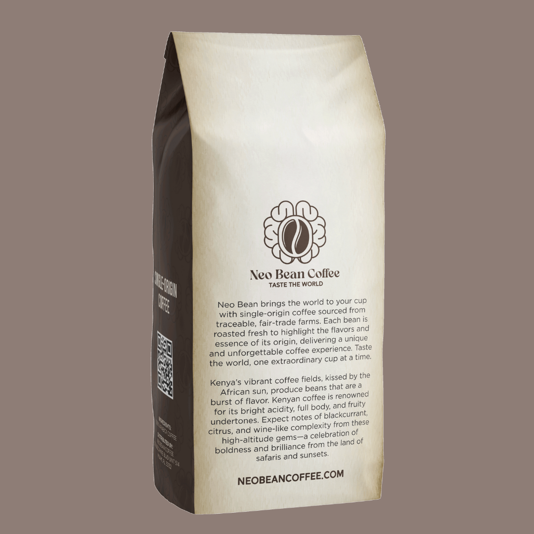 Neo Bean Coffee's Kenya blend in sustainable packaging, emphasizing fair-trade sourcing and freshly roasted specialty coffee.