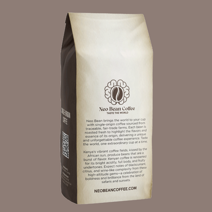 Neo Bean Coffee's Kenya blend in sustainable packaging, emphasizing fair-trade sourcing and freshly roasted specialty coffee.
