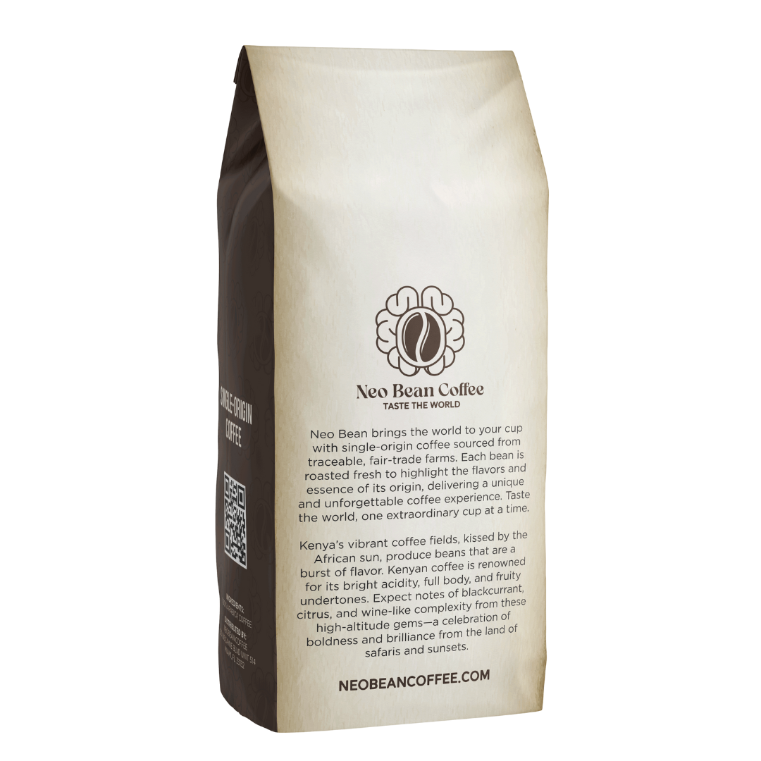 Neo Bean Coffee Kenya blend bag, showcasing branding, origin details, and tasting notes of blackcurrant, citrus, and fruity undertones.