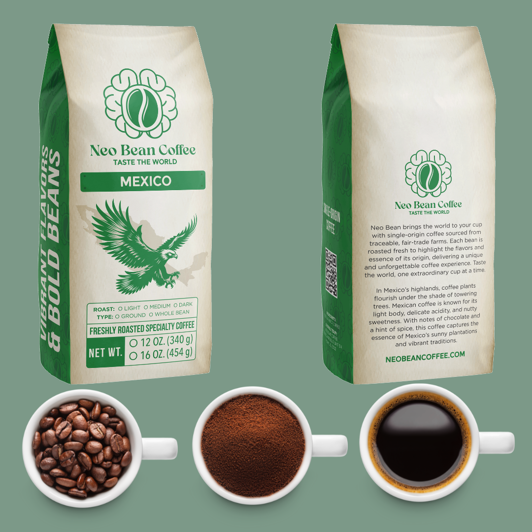 Neo Bean Coffee Mexico blend with specialty coffee grown in high-altitude regions, capturing the bold and nutty flavors of Mexican coffee.